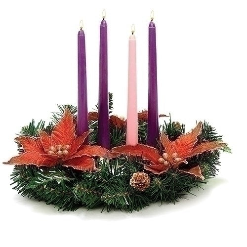 Advent Wreath w/Pine & Poinsettia Candleholder (14")