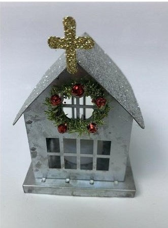 Home Decor-Mini Tin Light Up Church (3" x 3" x 4")