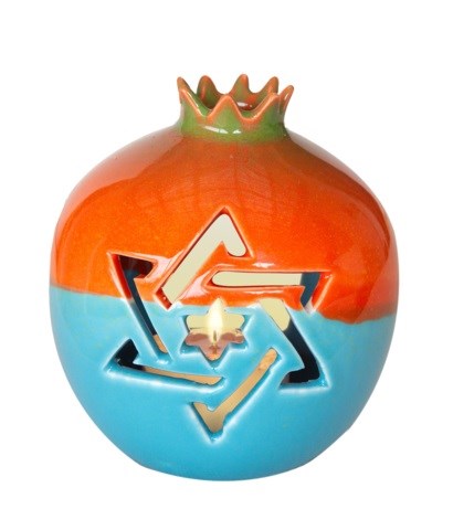 Candle Holder-Pomegranate Tealight (5" x 4")-Orange/Teal (#43145)