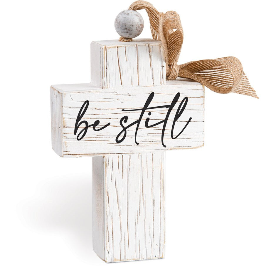 Chunky Cross w/Burlap Hanging Bow-Be Still (4.75" x 7")