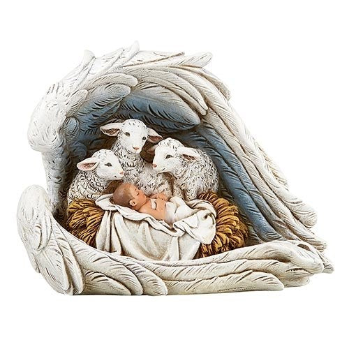 Figurine-Adoring Sheep At The Manger (6.25" x 5" x 3.25")