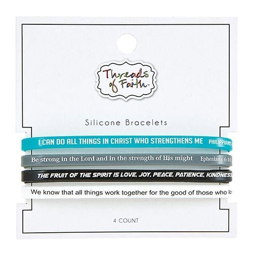 Bracelet Set-Threads Of Faith-Silicone-Phil 4:13/Eph 6:10/Gal 5:22/Rom 8:28 (Set Of 4)