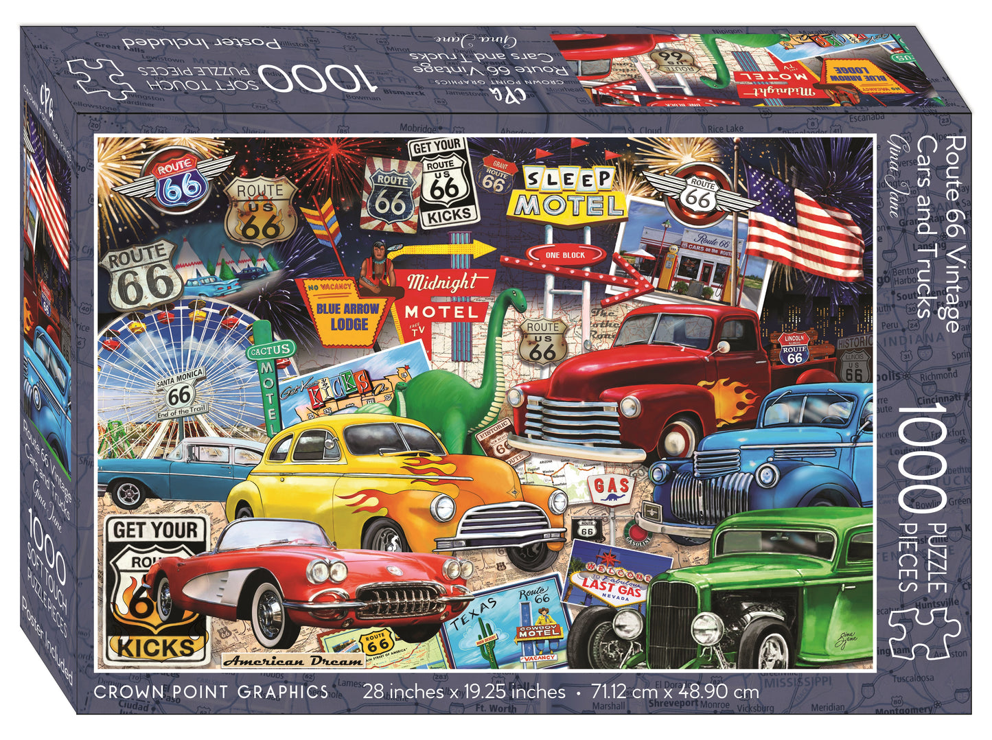 Jigsaw Puzzle-Route 66 Vintage Cars And Trucks w/Poster (1000 Piece Soft Touch)