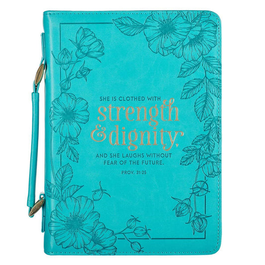 Bible Cover-She Is Clothed With Strength & Dignity (Proverbs 31:25)-Teal Faux Leather Fashion-Large