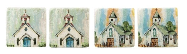 Coaster Set-Watercolor Church (Set Of 4)