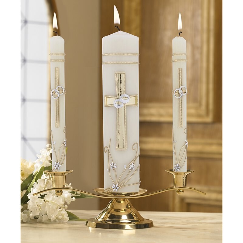 Candle-Wedding-Unity Set-Ornate Cross And Rings