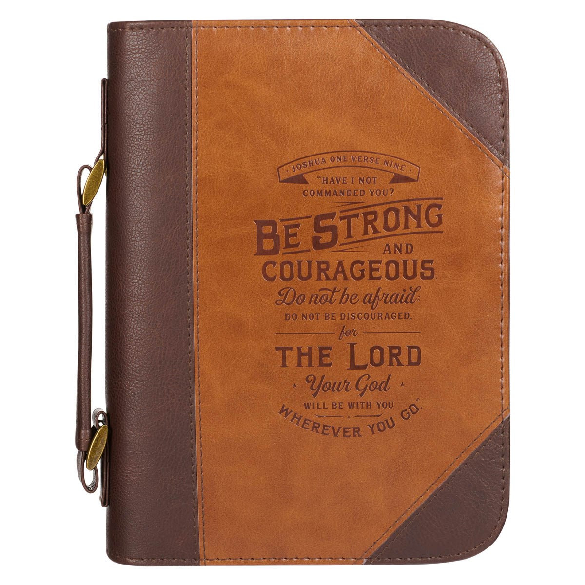 Bible Cover-Be Strong And Courageous (Joshua 1:9)-Two-Tone Toffee/Chocolate Brown Faux Leather-Medium