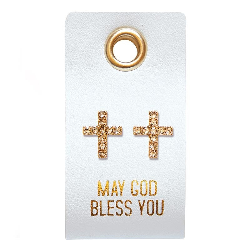 Earrings-May God Bless You/Straight Cross Studs On Leather Tag