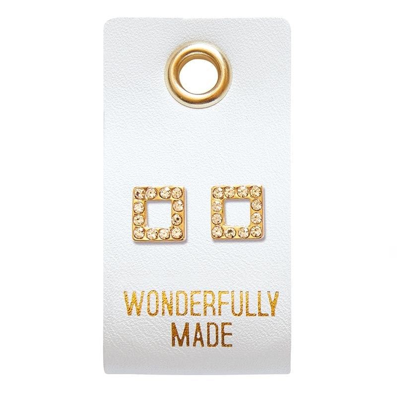 Earrings-Wonderfully Made/Square Studs On Leather Tag