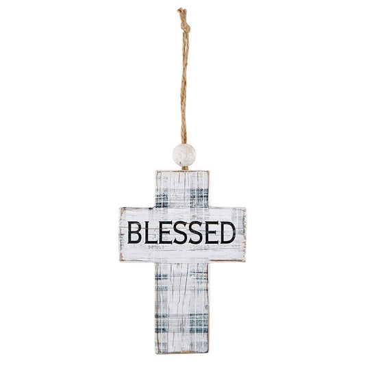 Hanging Cross-Blessed-Blue Plaid w/Jute Hanger (7")