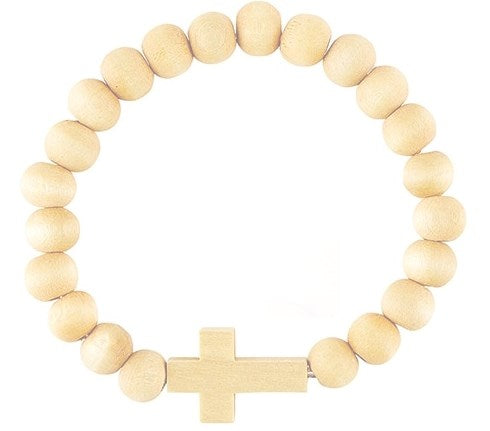 Bracelet-Wood Bead w/Cross-Stretch-Natural Wood (7.5")