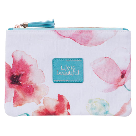 Zipped Pouch-Canvas-Coral Poppies/Life Is Beautiful