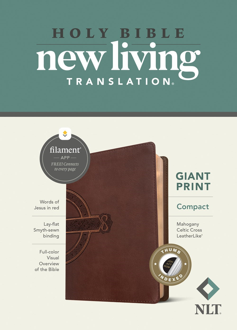 NLT Compact Giant Print Bible/Filament Enabled Edition-Mahogany Celtic Cross LeatherLike Indexed