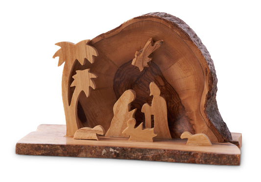 Grotto-Olive Wood-Arched With Holy Family Under 2 Palms (2.5" x 4")