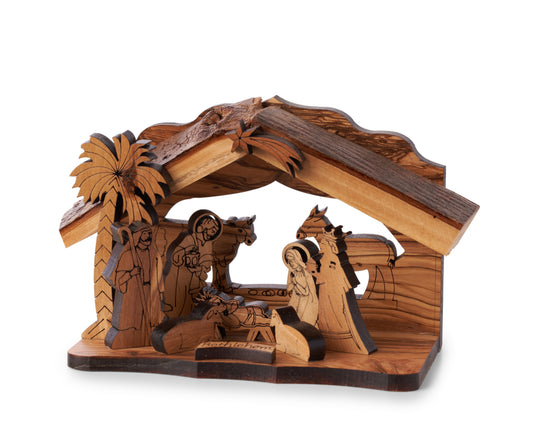 Grotto-Olive Wood-Holy Family w/Laser Cut Figurines (4.5" x 6")