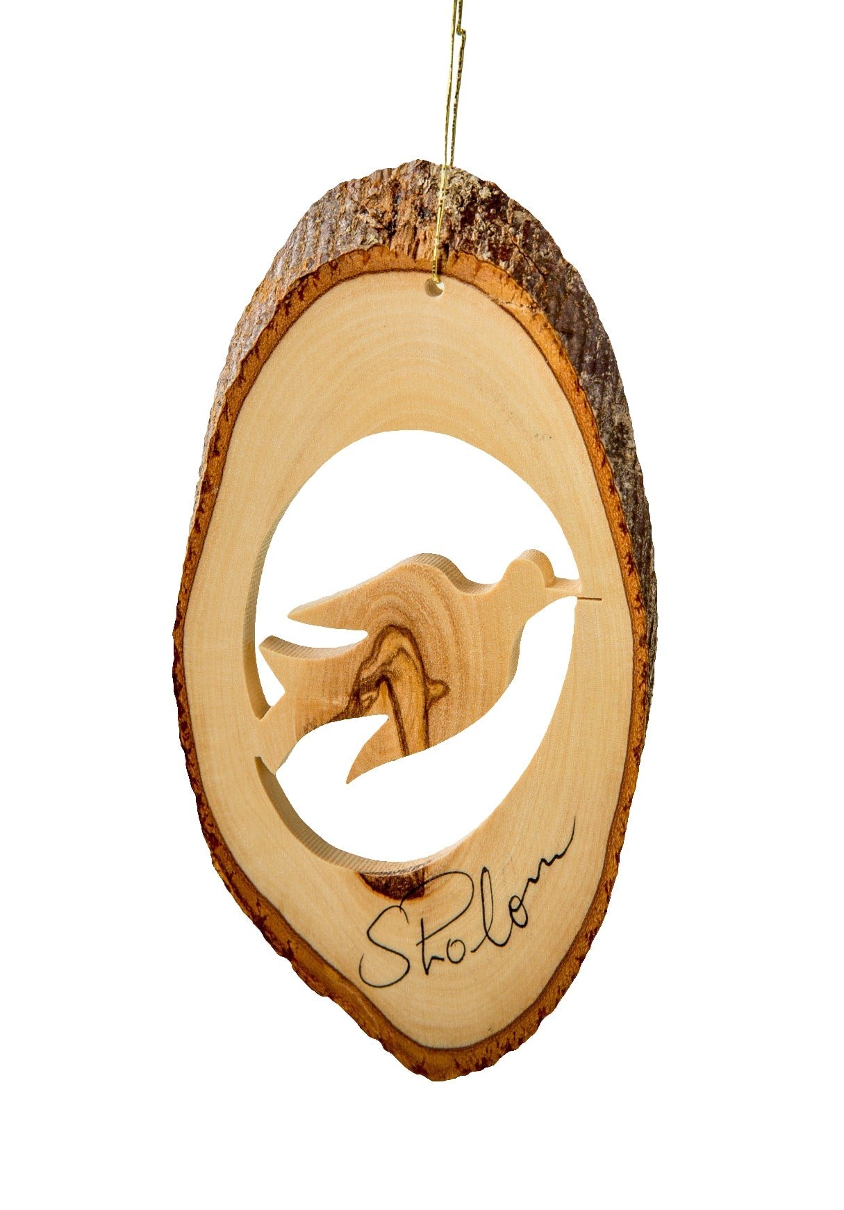 Ornament-Bark Slice With Dove/Shalom (4" to 6")