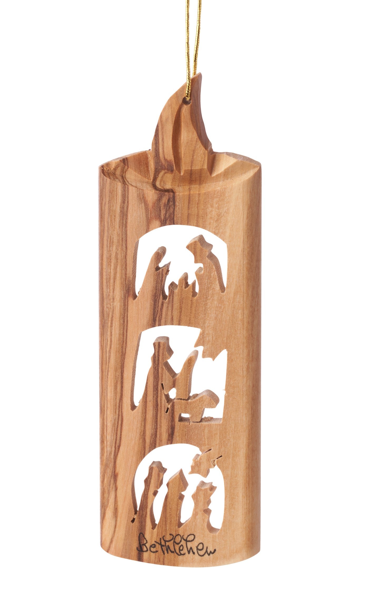 Ornament-Olive Wood-3 Scene Nativity In Candle (4.5")