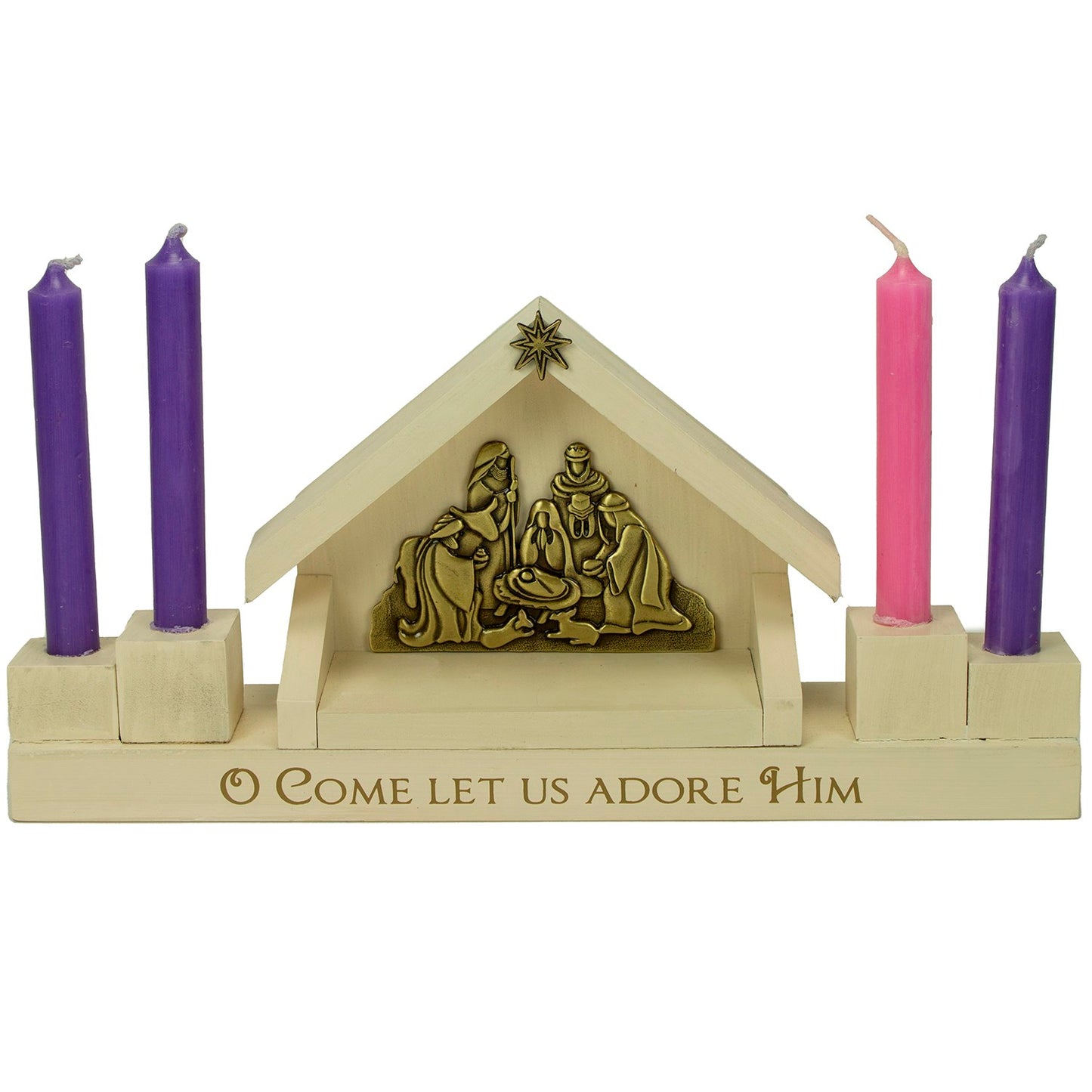 Advent Mini Nativity Candle Holder-O Come Let Us Adore Him w/Candles Included (10" x 4.75" x 2")