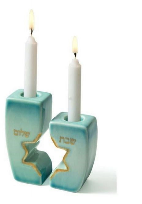 Candle Holders-Star Of David-Blue & Gold Tones (2 Pieces) (#71121)