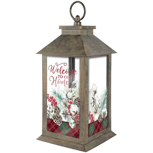 Lantern w/LED Candle & Timer-Cotton Boll Christmas (13" x 5.5" x 5.5")