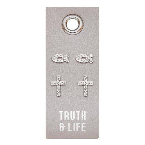 Earrings-Truth & Life/2 Sets Of Studs On Leather Tag