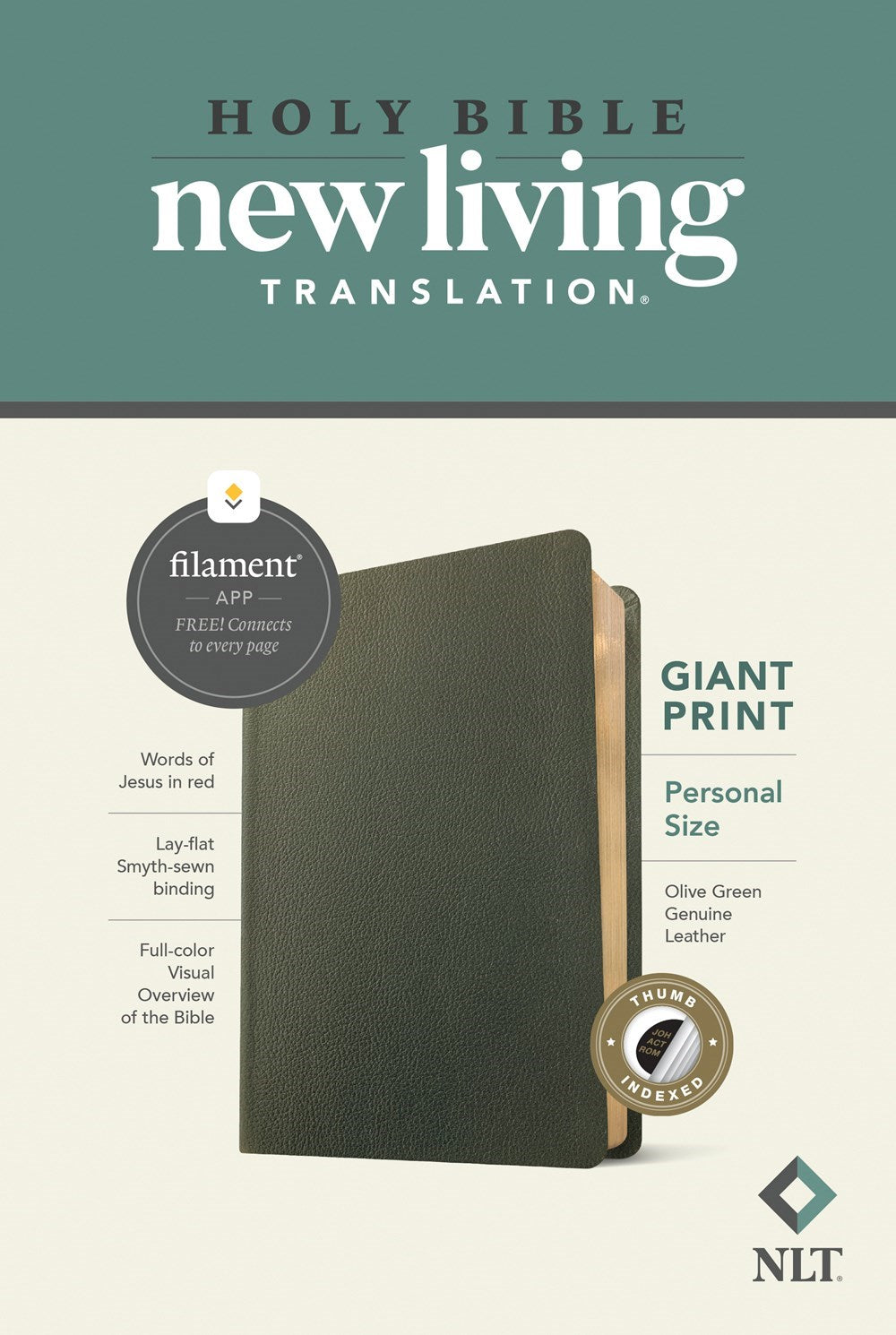 NLT Personal Size Giant Print Bible  Filament Enabled Edition-Olive Green Genuine Leather Indexed