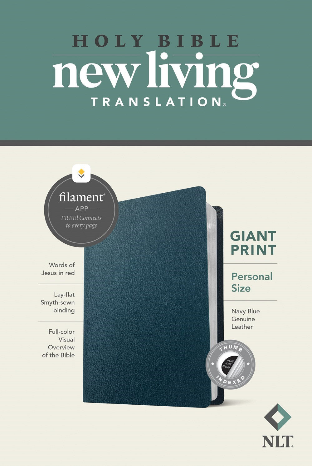 NLT Personal Size Giant Print Bible  Filament Enabled Edition-Navy Blue Genuine Leather Indexed)