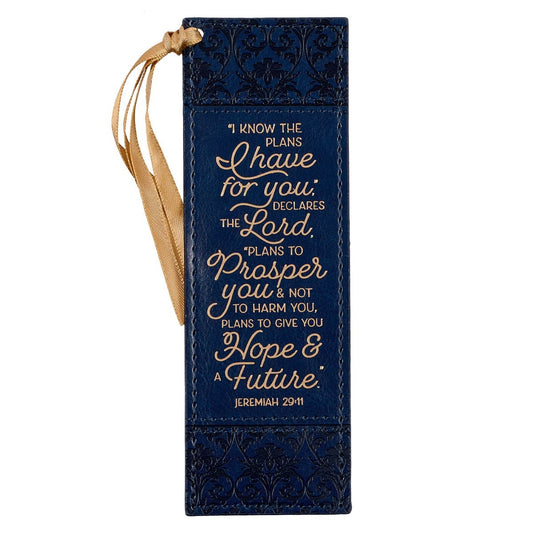 Bookmark-I Know The Plans I Have (Jeremiah 29:11)-Floral Trellis Blue Faux Leather