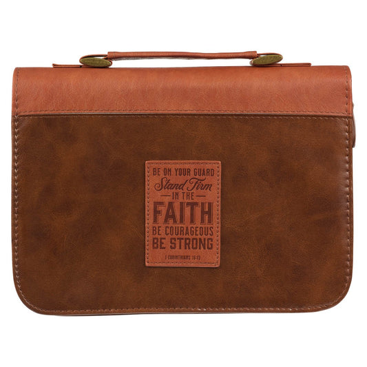 Bible Cover-Stand Firm In The Faith (1 Corinthians 16:13)-Two-tone Brown Faux Leather Classic-Large