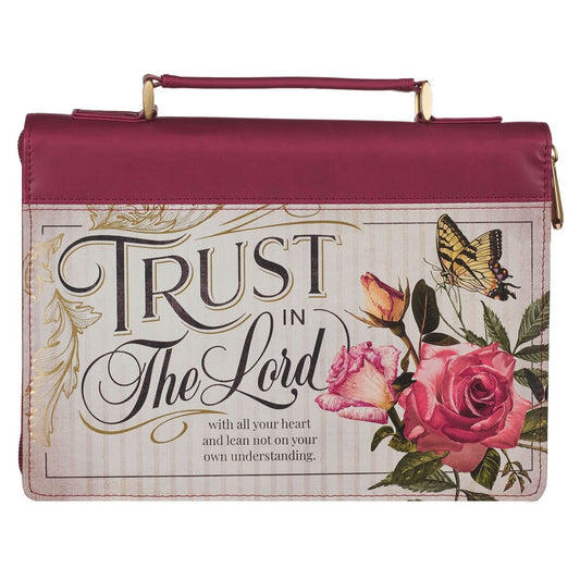 Bible Cover-Trust In The Lord (Proverbs 3:5)-Burgundy Floral-Floral Pomegranate Red Faux Leather Fashion-Large