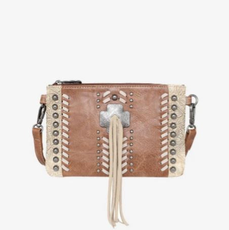 Clutch/Crossbody Bag-Cross With Tassel-Brown