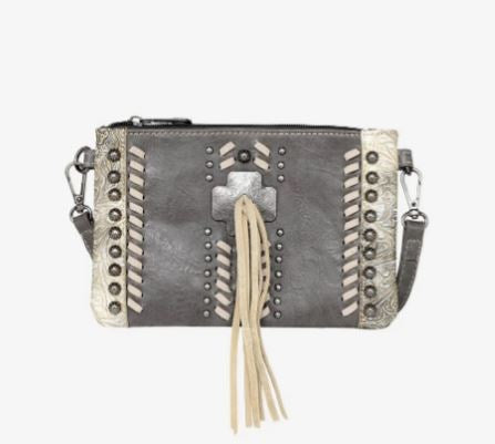 Clutch/Crossbody Bag-Cross With Tassel-Gray