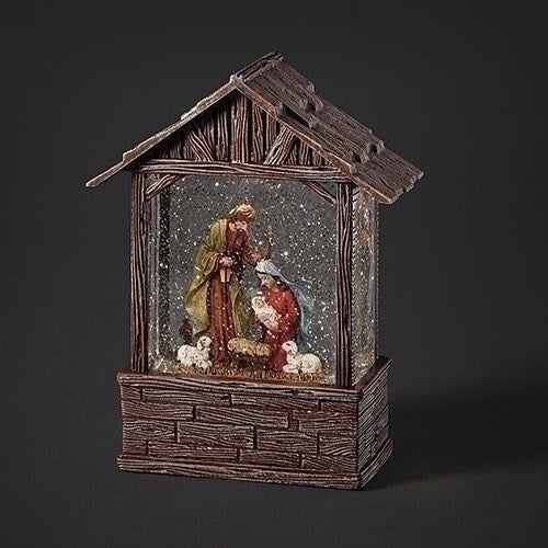 Lantern-LED Swirl Wood Stable w/Holy Family (8.25")