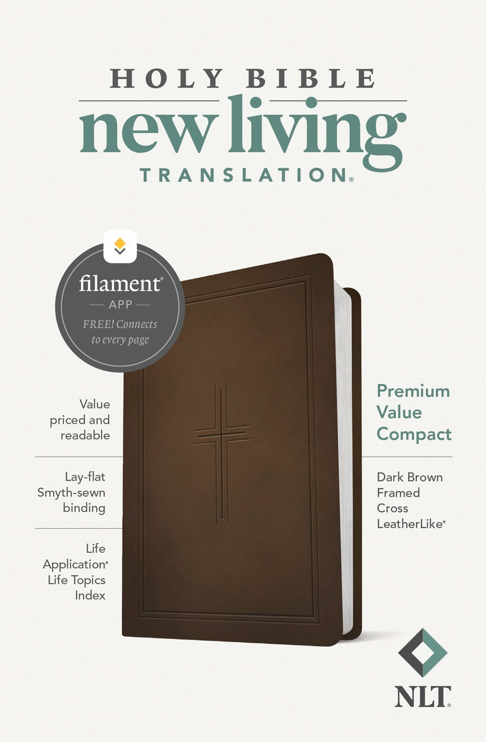 NLT Premium Value Compact Bible  Filament Enabled-Dark Brown Framed Cross LeatherLike