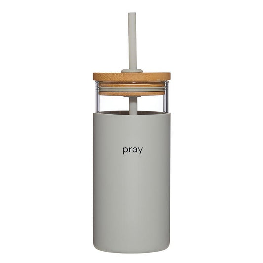 Glass Water Bottle-Pray w/Silicone Sleeve  Bamboo Lid (7"H Holds 18 Oz)