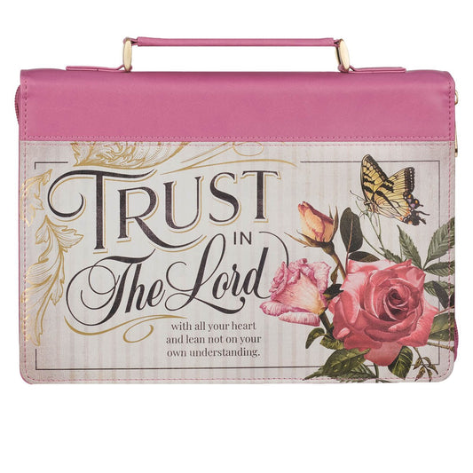 Bible Cover-Trust In The Lord (Proverbs 3:5)-Floral Begonia Pink Faux Leather Fashion-Large