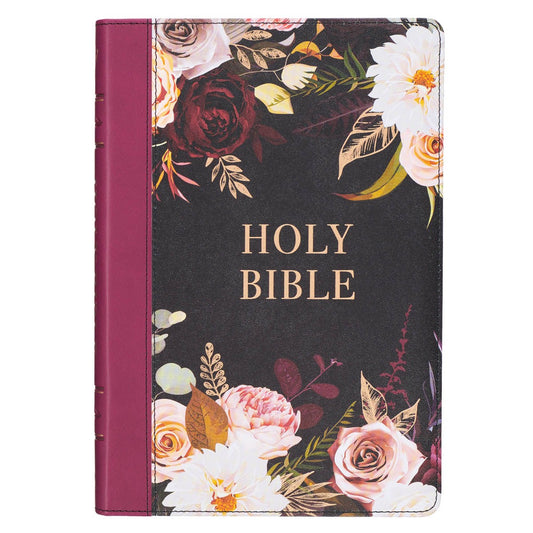 KJV Large Print Thinline Bible-Black/Burgundy Floral Printed Faux Leather