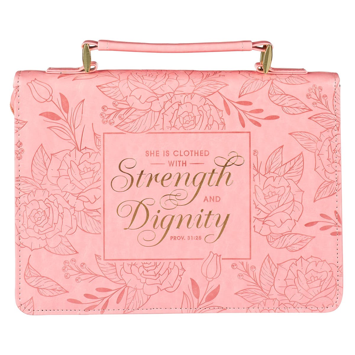 Bible Cover-Strength And Dignity (Proverbs 31:25)-Rose Pink Faux Leather-Large