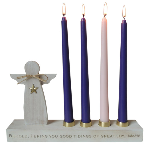 Advent Candle Holder-Angel-Luke 2:10 w/Candles (12" x 2" x 7")