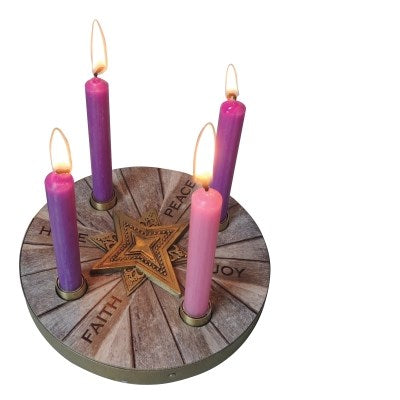 Mini Advent Candle Holder-Faith Hope Peace Joy w/Metal Trim & Star w/Candles (6" D)