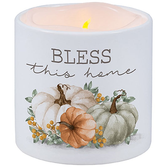 Candle With Ceramic Holder-Flickering LED w/Timer-Vanilla-Bless This Home (3" X 3")