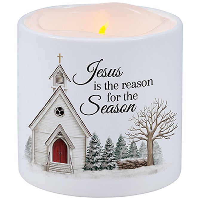 Candle With Ceramic Holder-Flickering LED-w/Timer-Vanilla-Reason For The Season (3" X 3")