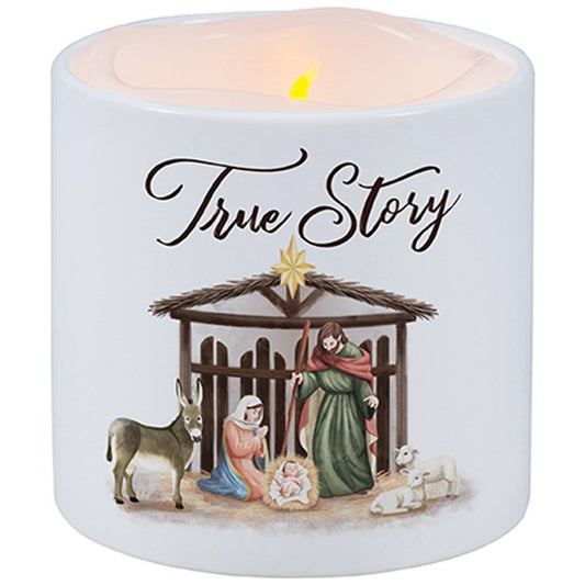 Candle With Ceramic Holder-Flickering LED--w/Timer-Vanilla-True Story (3" X 3")