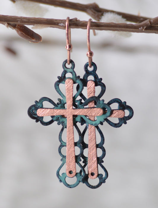 Earrings-Eden Merry-Cross-Patina/Copper