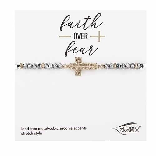 Bracelet-Silver Cross-Glass-Stretch W/ Gift Bag