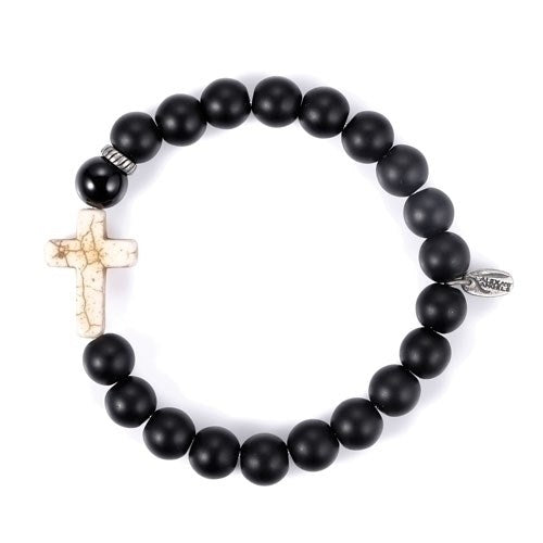 Bracelet-Black Onyx Beads W/ Cross-Stretch