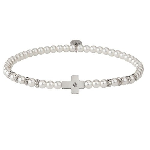 Bracelet-Silver Side Cross-White-Stretch