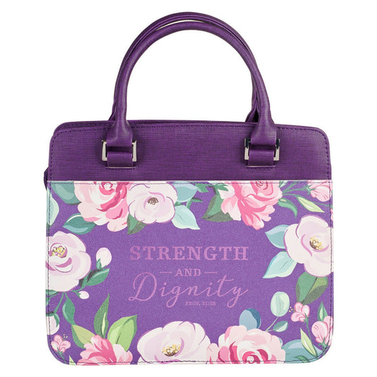 Bible Cover-Strength And Dignity (Proverbs 31:25)-Purple Floral Purse-Style-Large