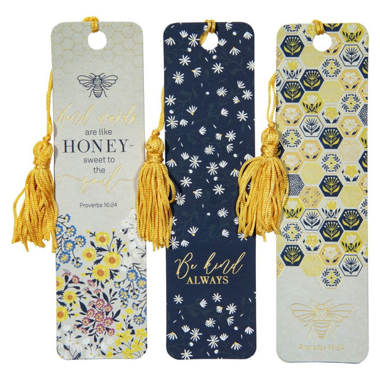 Bookmark Set-Kind Words Are Like Honey W/Tassel (Proverbs 16:24)-Navy & Yellow (Pack Of 3)