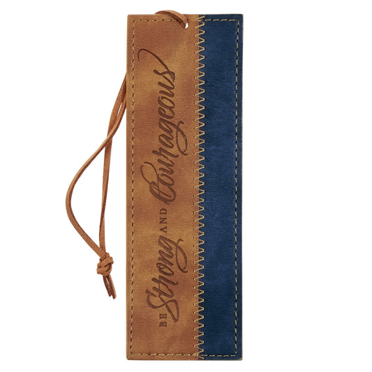 Bookmark-Be Strong & Courageous (Joshua 1:9)-Butterscotch & Navy Faux Leather